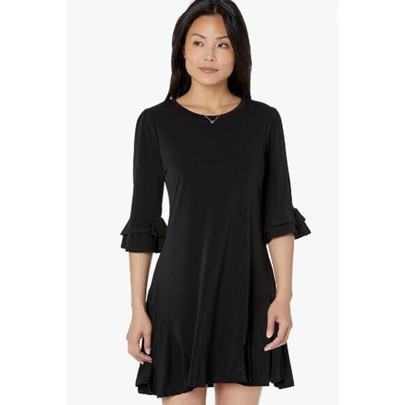 CECE Women's Knit Shift Dress Medium Rich Black Ruffled Bell Sleeves NWT - Picture 1 of 10